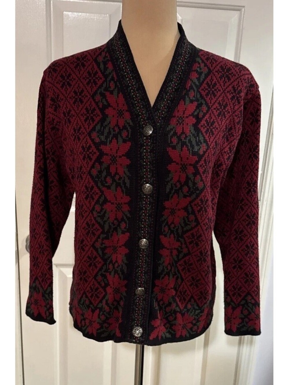 Vintage Floral Knit Cardigan Sweater S Poinsettia Holiday Christmas Cottagecore